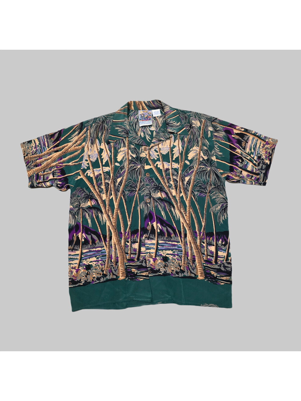 VTG Avanti Silk Hawaiian Original Hula Palms Aloha Print Button Up Shirt S 23x30